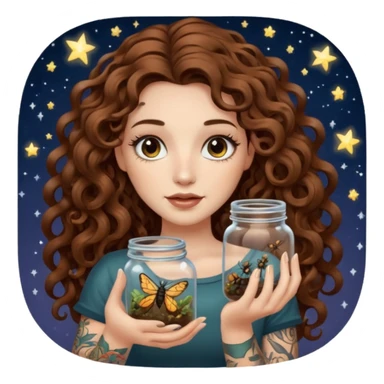 woman with long curly brown hair, brown eyes, white skin, tattoos, holding a jar of captured starlight insects sticker