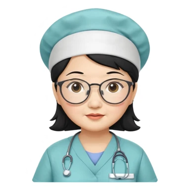 OLD ASIAN WOMAN WITH GLASSES, NURSE SCRUBS, CAP, BLACK HAIR, CHUBBY sticker