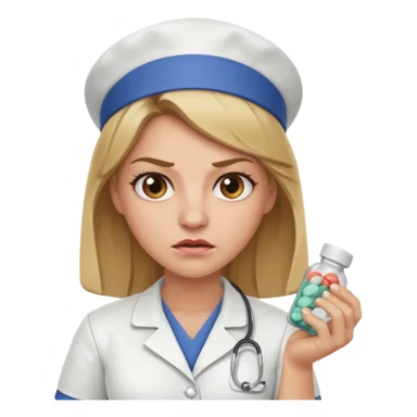 angry dark blonde nurse with a pills sticker