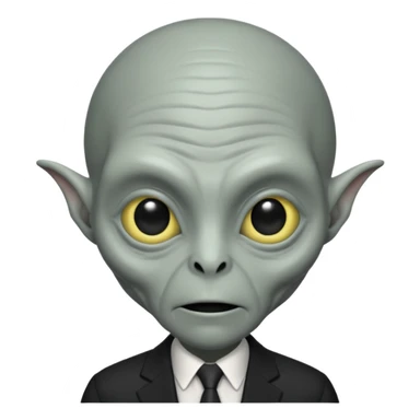 an old alien with black suit, grey skin, neutral sticker