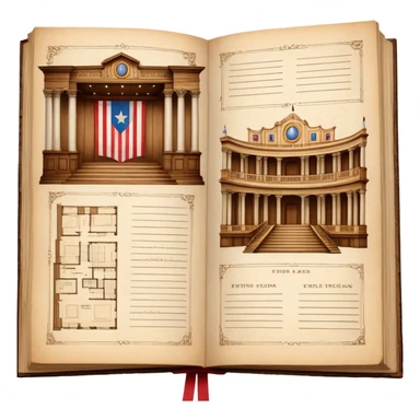 Open antique book with clearly visible detailed stage design sketches spread across both pages, showing theater elevation drawings and floor plans, Puerto Rican flag colors in the sketches, wooden bookmark sticker