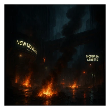 Night time streets of New Mombasa from ODST. "Mombasa Streets"  dying battle flames and smoke rise amongst pouring rain sticker