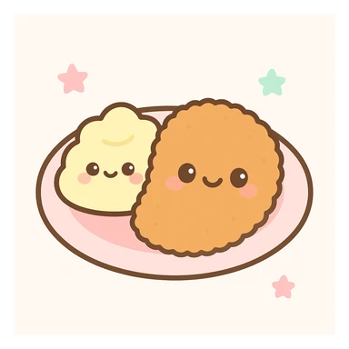 plato de milanesa con puré, el puré junto a la milanesa en el mismo plato, a modo de acompañamiento, comida simpática y adorable sticker