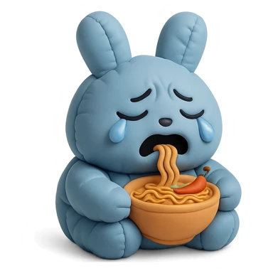 blue bunny crying while eating spicy ramen, cushion style sticker