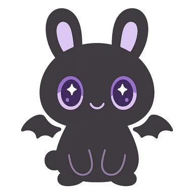 kawaii style gothic bunny, cute face, black fur, purple eyes, tiny bat wings, playful and mysterious sticker