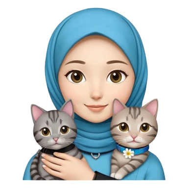 Asian White girl wearing flower (hijab)  holding a black grey tabby cat while smiling.  The cat is wearing a blue collar sticker