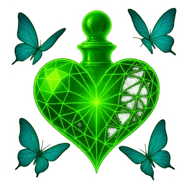 Modify the bottle shape to be less elongated and more compact, while keeping it impressive and luxurious. Retain the heart motif, neon green color, strong glowing aura, and butterflies. The image should have a transparent background. Maintain the neon green glowing style and luxurious feel as in the reference. sticker