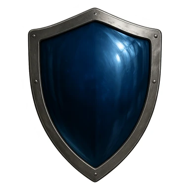 shield facing directly forward with a deep blue shiny glass-like center, metallic border, no point in the middle of the top, no symbols, no sword, transparent background, match the style of a reference image sticker