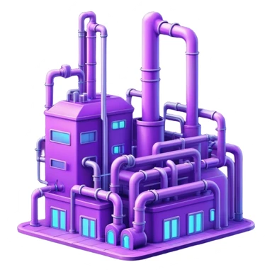 AI-powered factory. It should be a building with pipes. Add violet neon glowing symbolizing power of AI sticker