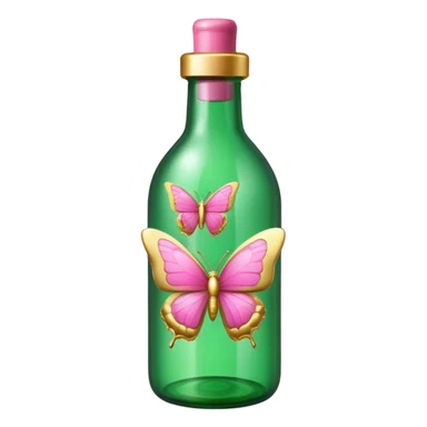 bright detailed green bottle with gold and pink butterflies, emoji style sticker