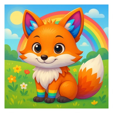 Add a colorful outdoor background, like a sunny meadow with flowers, to the cute fox with a rainbow in emoji style. Maintain the emoji style look. sticker