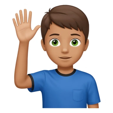 Boy 10 years old, with overgrown brown hair,with a with black and green eyes in a blue T-shirt, waves his hand sticker