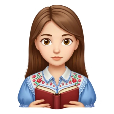 A Ukrainian girl with brown hair in an embroidered shirt reads a book sticker