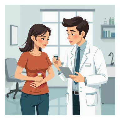 realistic illustration of a doctor in a white coat prescribing medicine to a patient holding their stomach or head in pain, the doctor appears detached, clinic background, atmosphere suggesting medicine only covers symptoms sticker