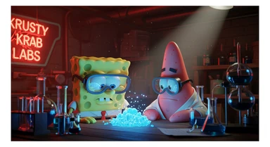 3D cienmatic cartoon shot, spongebob and patric dress in safety glasses and safe white outfit, the are standing front of table with blue crystals on table glowing (light source) science room in basement, back light, Cinema 4d render, proffesional lightning sticker