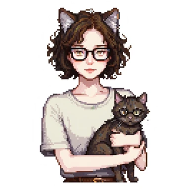 Cat-lady with dark brown hair, square glasses, hazel eyes, and pale skin sticker
