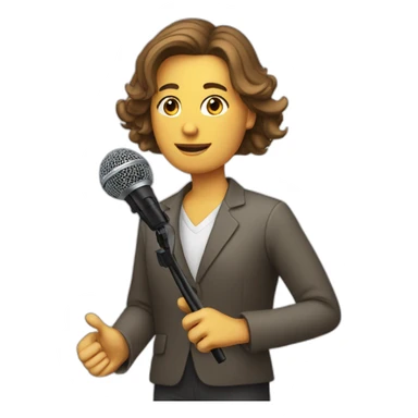 white journalist standing confidently while holding a microphone. The journalist should be in professional attire sticker