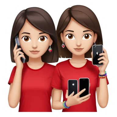 brunette girl with wavier medium length hair, brown eyes, light/medium skin tone, holding two phones - one iPhone and one plain black phone without Apple logo, wearing red Adidas t-shirt, simple silver hoop earrings, and a colorful beaded charm necklace sticker