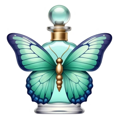 A delicate butterfly with pastel green and blue wings resting on a vintage glass perfume bottle with golden details. sticker