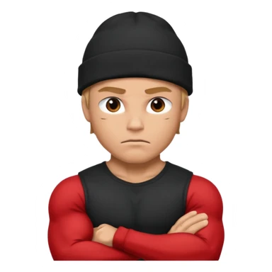 Muscular hero in black beanie, serious expression, folded arms.



































 sticker