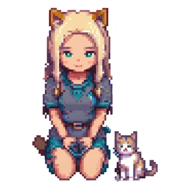 Replace the girl with the one in the reference image, keeping the pose: girl kneeling beside a gray and blonde mixed cat, pixel art style, with no background. sticker