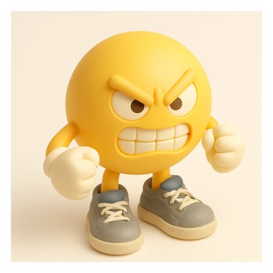 3D animated yellow emoji character with an angry expression: furrowed brows, narrowed eyes, wide gritted-teeth grin. White gloved hands clenched into fists in a fighting stance. Large, worn-out gray sneakers with blue tongues and white laces. Solid black background. sticker