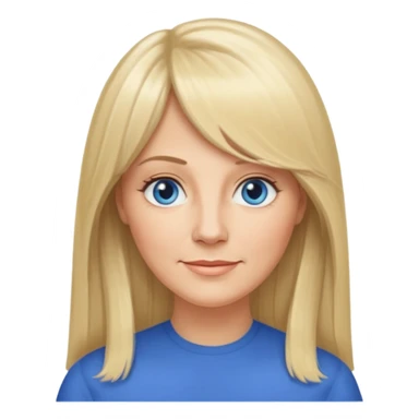 45 yr old white woman, curtain bangs, very long straight blond hair, oval face, small smile, blue eyes, thin face, hair down to elbows sticker