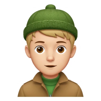 young man with pixie cut, green wool hat, tan jacket and pork chop sideburns sticker