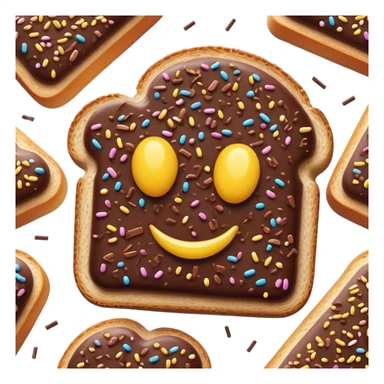 Cinematic Realistic Hagelslag Treat Emoji, depicted as crunchy chocolate sprinkles on buttered bread rendered with vivid textures and playful, inviting lighting. sticker