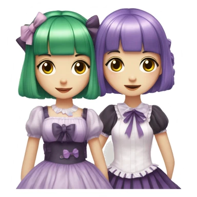 green haired girl with bang wears lolita dress and hugs girl with short purple hair sticker