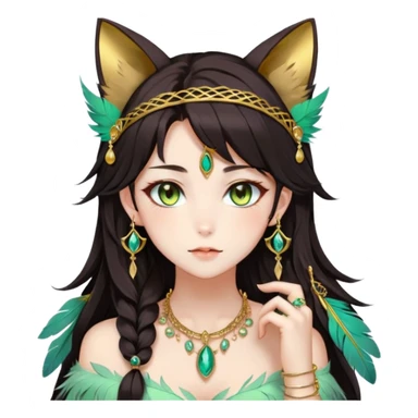 Beautiful gorgeous anime lady with beautiful dark-brown-special-hair, fashion aesthetic, ethereal, feather, accessories, gold jewelries, gold, colorful, feline ears, hazel-green eyes sticker
