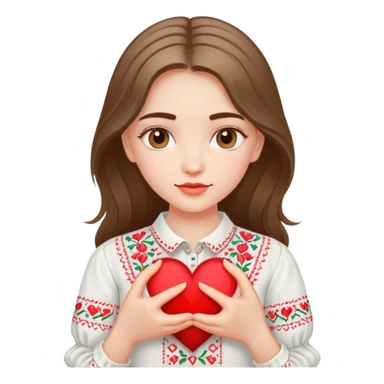 Beautiful young girl in a white Ukrainian embroidered shirt holds a large embroidered heart in her hands sticker