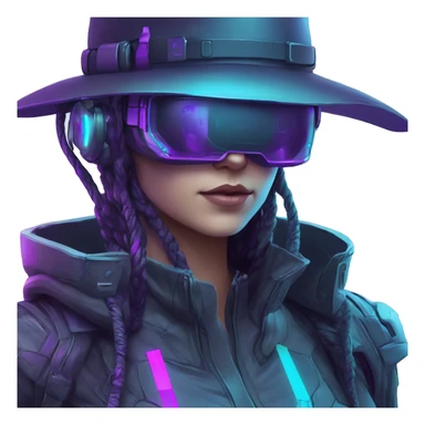 Secret human agent in a hat with  cyberpunk elements in VR googles scanning looking reviewing multicolor lines of code, cyan and purple colors, only upper body portrait sticker
