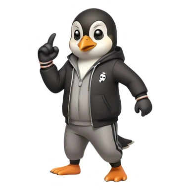 friendly anthropomorphised penguin wearing a mafia-style tracksuit, secretive scheming pose, soprano vibe, angry expression, running with a determined sprint, holding a knuckle duster sticker