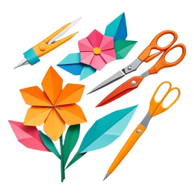 Paper crafting icon, various paper crafts like origami, paper flowers, and scrapbooking materials, visible tools such as scissors, glue stick, and paper sheets, colorful paper patterns, minimalistic style, clean lines, transparent background. sticker