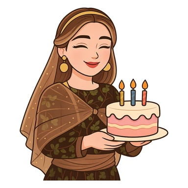 Kurdish cartoon sticker of the same woman in the new dress, celebrating a birthday, holding a cake with candles, happy face, no text, transparent background sticker