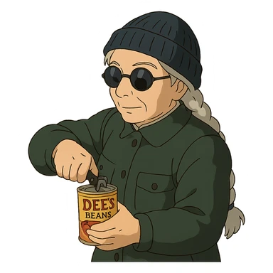 1 female, long white braid, knit cap, dark sunglasses, DARK GREEN HUNTER JACKET, USING A SMALL BLACK HANDHELD CANOPENER TO OPEN A CAN OF DEES BEANS sticker