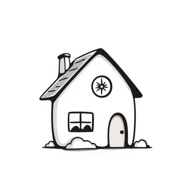 A cute small house/cottage with roof and windows in pastel colors (dd9fb0, ffc6d3, a3bfc9, c4bee2, f1b091), hand-drawn doodle style sticker