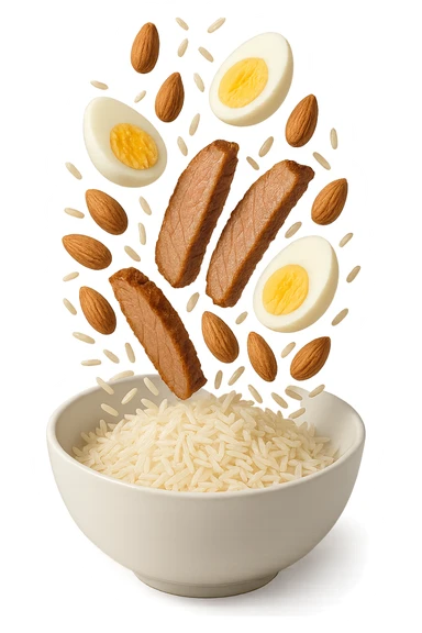 bowl bianca in cui cadono verticalmente fettine di carne, uova sode, mandorle e riso basmati sticker