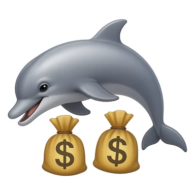Add bags of money next to the playful dolphin in the same playful dolphin style, no background. sticker