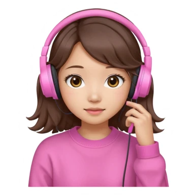 a asian japanese girl with wavy silky brown hair and no bangs. she has a cute pink gaming headphones. she is wearing a cute pink sweater  sticker