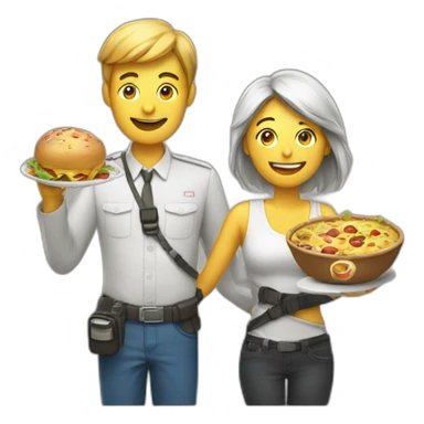 man woman with camera in one hand and food in other hand, happy smiling sticker