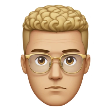 Man with angular square face, thick straight eyebrows, short fade haircut with faded sides and curly top, light stubble, neutral serious expression, wearing large square gold glasses sticker