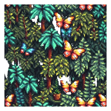 pixel art butterfly among trees and plants, forest background sticker