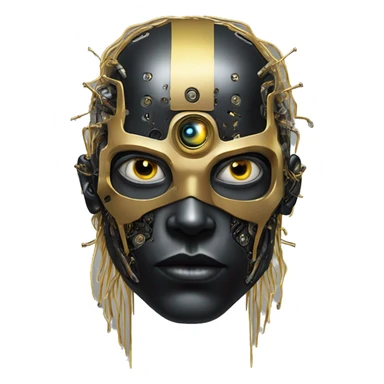 black metal male cyborg head with artificial eyeball, circuitry and wispy yellow gold hair sticker