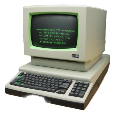 a old computer with linux screen (black and green terminal) with "rsh++" text sticker