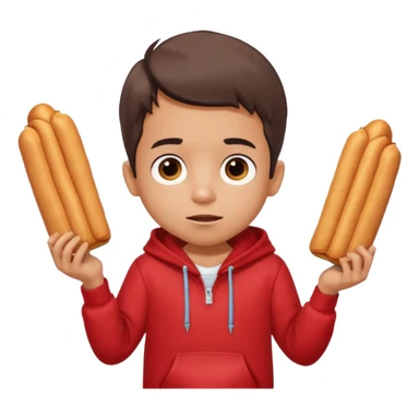 ute funny Spanish cartoon boy named Peque Tito, red hoodie, denim shorts, big expressive eyes, holding a churro, Pixar-style, viral character.” sticker