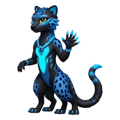 Realistic Obsidian-pitch-black fur body with neon-glowing-blue ring-markings Grem2-Gremz-Cheetah-Sergal-fusion, full body  sticker