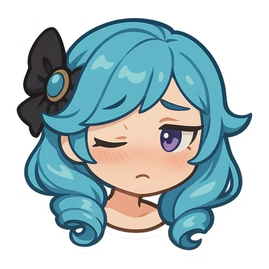 Gwen from League of Legends, shy emote, chibi style, only head, right eye purple, looking away sticker