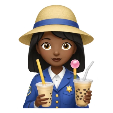 A Mysterious Elderly Female with Dark skin and Straight hair, wearing a Uniform outfit, a Sunhat, No glasses, carrying a Enchanted staff, working as a scientist, while drinking Bubble tea and reading a Journal. sticker